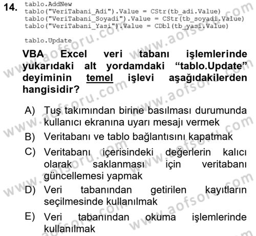 İşlem Tablosu Programlama Dersi 2021 - 2022 Yılı (Final) Dönem Sonu Sınav Soruları 14. Soru