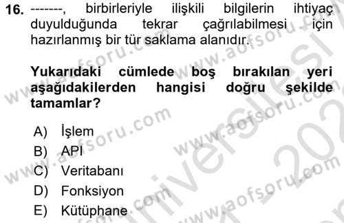 İşlem Tablosu Programlama Dersi 2021 - 2022 Yılı (Final) Dönem Sonu Sınav Soruları 16. Soru
