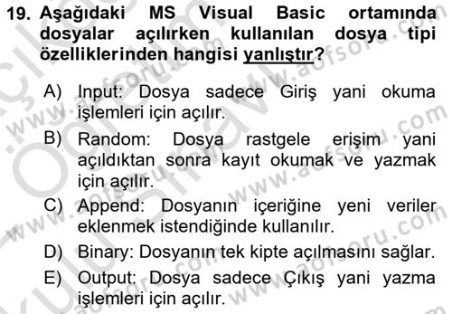 İşlem Tablosu Programlama Dersi 2021 - 2022 Yılı Yaz Okulu Sınav Soruları 19. Soru