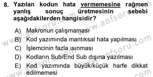 İşlem Tablosu Programlama Dersi 2021 - 2022 Yılı Yaz Okulu Sınav Soruları 8. Soru