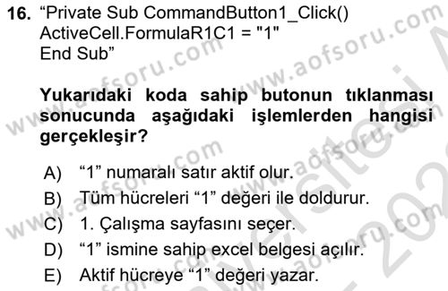 İşlem Tablosu Programlama Dersi 2022 - 2023 Yılı (Vize) Ara Sınavı 16. Soru