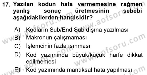 İşlem Tablosu Programlama Dersi 2022 - 2023 Yılı (Vize) Ara Sınavı 17. Soru