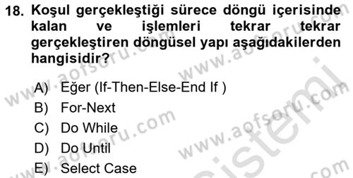 İşlem Tablosu Programlama Dersi 2022 - 2023 Yılı (Vize) Ara Sınavı 18. Soru