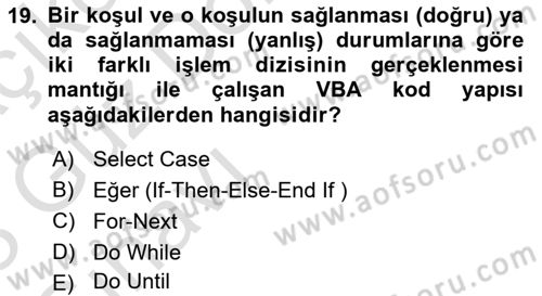 İşlem Tablosu Programlama Dersi 2022 - 2023 Yılı (Vize) Ara Sınavı 19. Soru