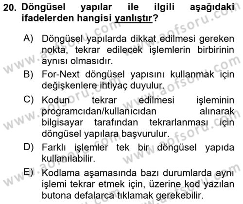 İşlem Tablosu Programlama Dersi 2022 - 2023 Yılı (Vize) Ara Sınavı 20. Soru