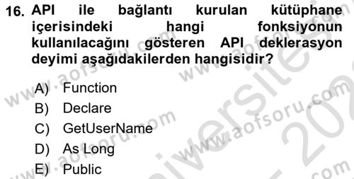 İşlem Tablosu Programlama Dersi 2022 - 2023 Yılı (Final) Dönem Sonu Sınav Soruları 16. Soru