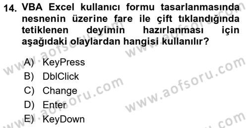 İşlem Tablosu Programlama Dersi 2022 - 2023 Yılı Yaz Okulu Sınavı 14. Soru