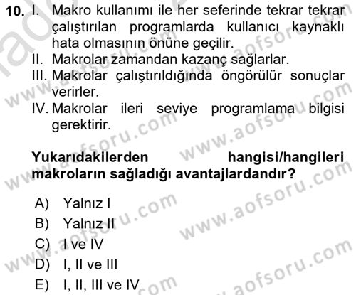 İşlem Tablosu Programlama Dersi Ara Sınavı Deneme Sınav Soruları 10. Soru