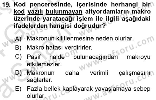İşlem Tablosu Programlama Dersi Ara Sınavı Deneme Sınav Soruları 19. Soru