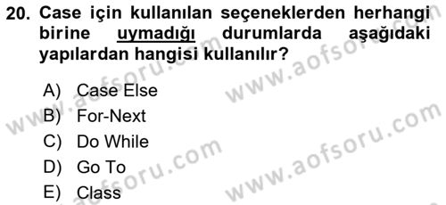 İşlem Tablosu Programlama Dersi Ara Sınavı Deneme Sınav Soruları 20. Soru