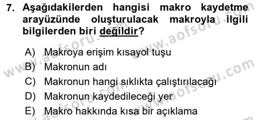 İşlem Tablosu Programlama Dersi Ara Sınavı Deneme Sınav Soruları 7. Soru