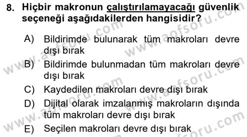 İşlem Tablosu Programlama Dersi Ara Sınavı Deneme Sınav Soruları 8. Soru