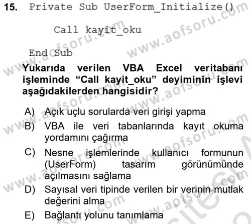 İşlem Tablosu Programlama Dersi 2023 - 2024 Yılı (Final) Dönem Sonu Sınavı 15. Soru