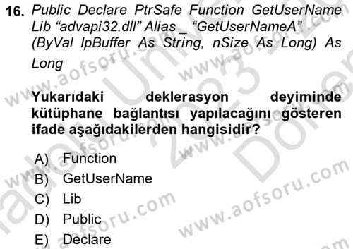 İşlem Tablosu Programlama Dersi 2023 - 2024 Yılı (Final) Dönem Sonu Sınavı 16. Soru