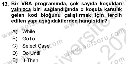 İşlem Tablosu Programlama Dersi 2024 - 2025 Yılı (Vize) Ara Sınavı 13. Soru