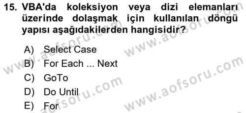 İşlem Tablosu Programlama Dersi 2024 - 2025 Yılı (Vize) Ara Sınavı 15. Soru