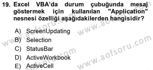 İşlem Tablosu Programlama Dersi 2024 - 2025 Yılı (Vize) Ara Sınavı 19. Soru