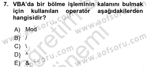 İşlem Tablosu Programlama Dersi 2024 - 2025 Yılı (Vize) Ara Sınavı 7. Soru