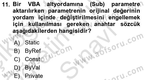 İşlem Tablosu Programlama Dersi 2025 - 2026 Yılı (Vize) Ara Sınav Soruları 11. Soru