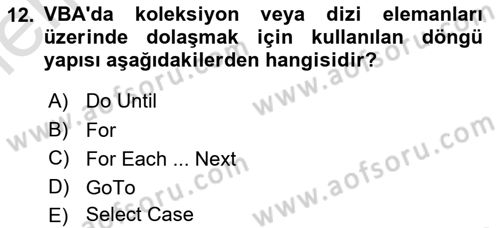 İşlem Tablosu Programlama Dersi 2025 - 2026 Yılı (Vize) Ara Sınav Soruları 12. Soru
