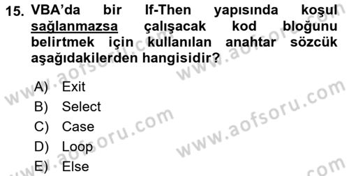 İşlem Tablosu Programlama Dersi 2025 - 2026 Yılı (Vize) Ara Sınav Soruları 15. Soru