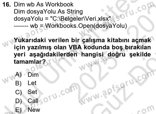 İşlem Tablosu Programlama Dersi 2025 - 2026 Yılı (Vize) Ara Sınav Soruları 16. Soru