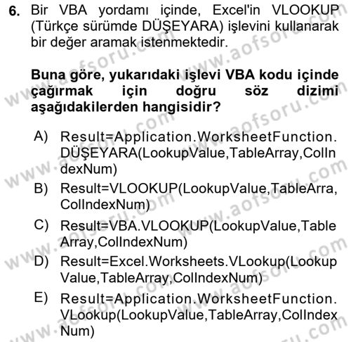 İşlem Tablosu Programlama Dersi 2025 - 2026 Yılı (Vize) Ara Sınav Soruları 6. Soru