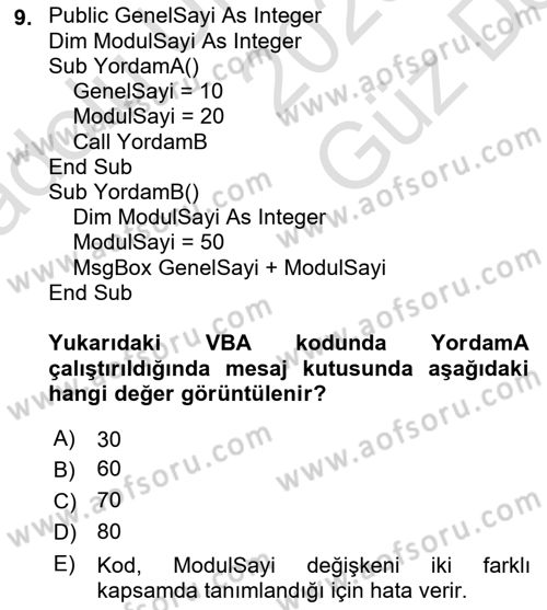 İşlem Tablosu Programlama Dersi 2025 - 2026 Yılı (Vize) Ara Sınav Soruları 9. Soru