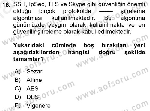 Ağ Yönetimi Ve Bilgi Güvenliği Dersi 2017 - 2018 Yılı (Vize) Ara Sınav Soruları 16. Soru