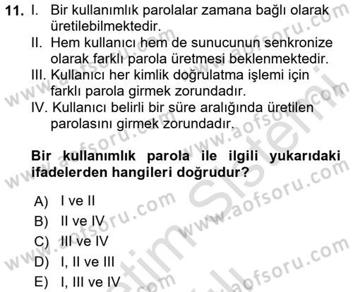 Ağ Yönetimi Ve Bilgi Güvenliği Dersi 2020 - 2021 Yılı Yaz Okulu Sınav Soruları 11. Soru
