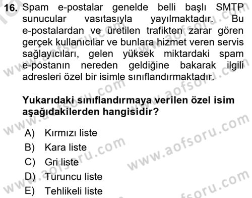 Ağ Yönetimi Ve Bilgi Güvenliği Dersi 2020 - 2021 Yılı Yaz Okulu Sınav Soruları 16. Soru