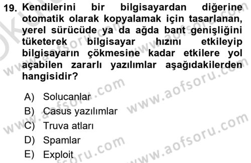 Ağ Yönetimi Ve Bilgi Güvenliği Dersi 2020 - 2021 Yılı Yaz Okulu Sınav Soruları 19. Soru