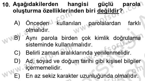 Ağ Yönetimi Ve Bilgi Güvenliği Dersi 2021 - 2022 Yılı Yaz Okulu Sınav Soruları 10. Soru