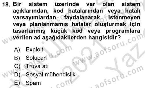 Ağ Yönetimi Ve Bilgi Güvenliği Dersi 2021 - 2022 Yılı Yaz Okulu Sınav Soruları 18. Soru
