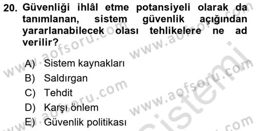 Ağ Yönetimi Ve Bilgi Güvenliği Dersi 2021 - 2022 Yılı Yaz Okulu Sınav Soruları 20. Soru
