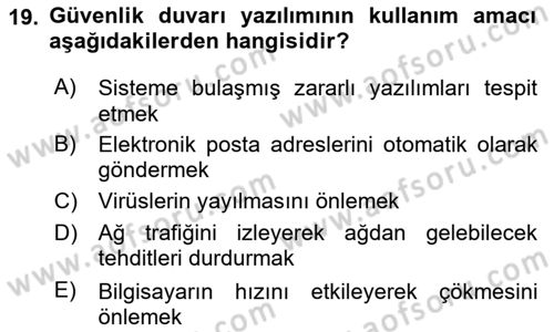 Ağ Yönetimi Ve Bilgi Güvenliği Dersi 2023 - 2024 Yılı Yaz Okulu Sınav Soruları 19. Soru
