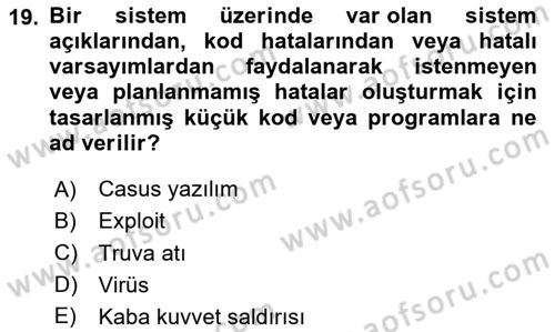 Ağ Yönetimi Ve Bilgi Güvenliği Dersi 2024 - 2025 Yılı Yaz Okulu Sınav Soruları 19. Soru