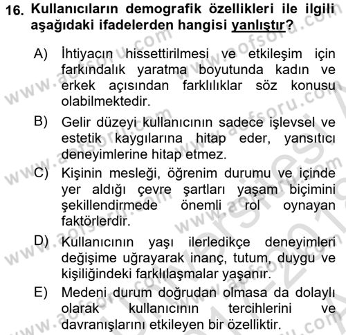 Kullanıcı Deneyimi Tasarımı Dersi Ara Sınavı Deneme Sınav Soruları 16. Soru