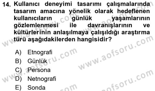 Kullanıcı Deneyimi Tasarımı Dersi Ara Sınavı Deneme Sınav Soruları 14. Soru
