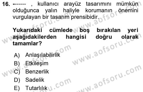 Kullanıcı Deneyimi Tasarımı Dersi 2021 - 2022 Yılı Yaz Okulu Sınav Soruları 16. Soru