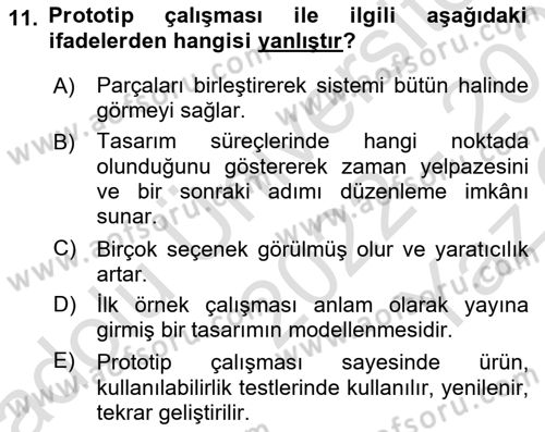 Kullanıcı Deneyimi Tasarımı Dersi 2022 - 2023 Yılı Yaz Okulu Sınav Soruları 11. Soru