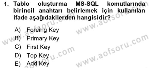Veritabanı Programlama Dersi 2017 - 2018 Yılı (Vize) Ara Sınav Soruları 1. Soru