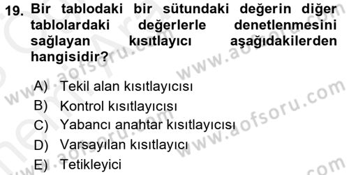 Veritabanı Programlama Dersi 2017 - 2018 Yılı (Vize) Ara Sınav Soruları 19. Soru