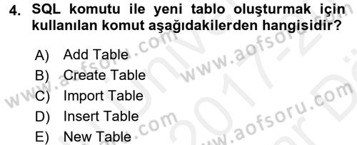 Veritabanı Programlama Dersi 2017 - 2018 Yılı (Vize) Ara Sınav Soruları 4. Soru