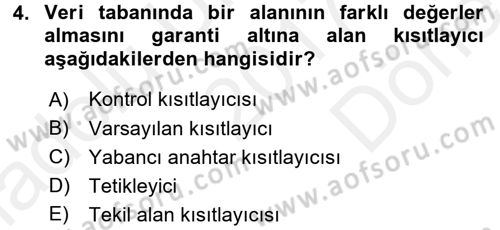 Veritabanı Programlama Dersi 2017 - 2018 Yılı (Final) Dönem Sonu Sınav Soruları 4. Soru
