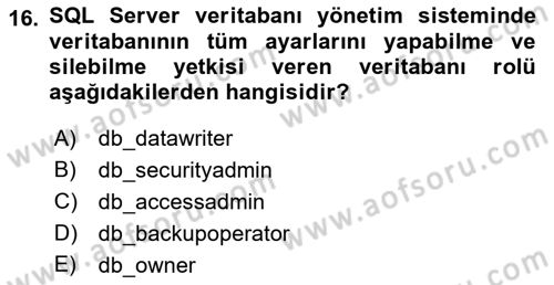Veritabanı Programlama Dersi 2018 - 2019 Yılı 3 Ders Sınav Soruları 16. Soru