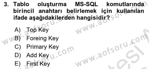 Veritabanı Programlama Dersi 2018 - 2019 Yılı 3 Ders Sınavı 3. Soru