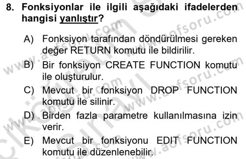 Veritabanı Programlama Dersi 2018 - 2019 Yılı 3 Ders Sınav Soruları 8. Soru