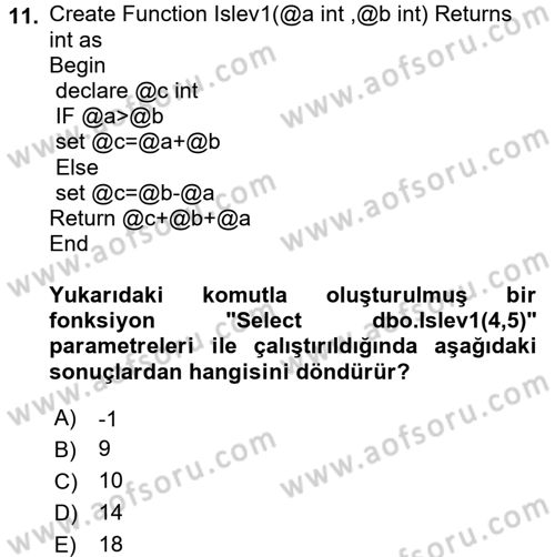 Veritabanı Programlama Dersi 2018 - 2019 Yılı (Vize) Ara Sınav Soruları 11. Soru
