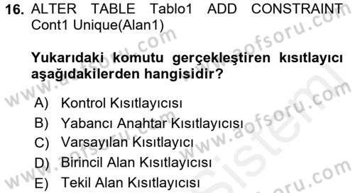 Veritabanı Programlama Dersi 2018 - 2019 Yılı (Vize) Ara Sınav Soruları 16. Soru